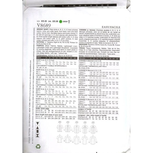 Vogue V8689 Misses 6 to 12 Button Front Shirt Uncut Sewing Pattern - Picture 2 of 2